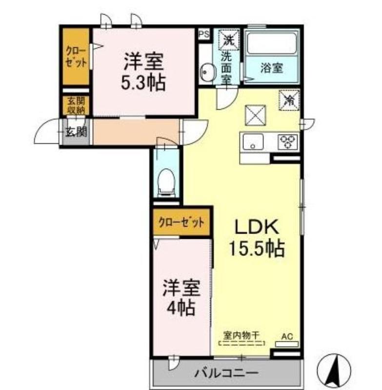 DーROOMさんよう B棟(2LDK/1階)の間取り写真