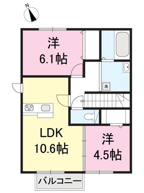 ＪＲ信越本線 亀田駅 バス乗車時間：23分 最寄りバス停で下車 徒歩1分 2階建 築14年(2LDK/2階)の間取り写真