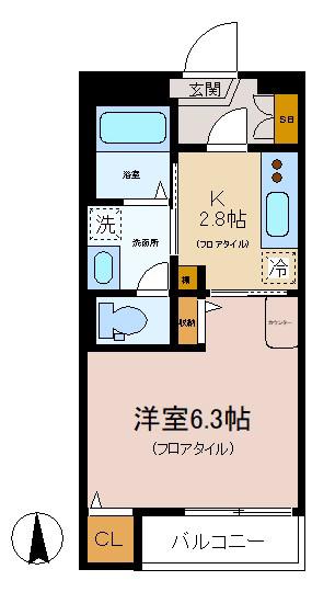 オークス・N(1K/1階)の間取り写真