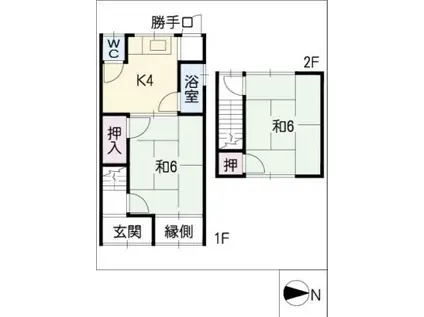 名鉄津島線 七宝駅 徒歩3分 2階建 築55年(2DK/1階)の間取り写真