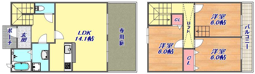 マーベラス西岡本(3LDK/1階)の間取り写真
