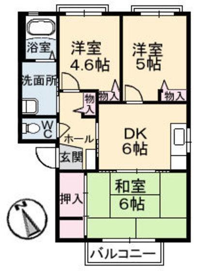 イーストパーク D棟(3DK/2階)の間取り写真