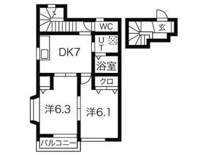 アメリカンアパートメントハウス A棟(2DK/2階)の間取り写真
