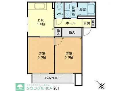 ローズハイム船橋宮本(2DK/2階)の間取り写真