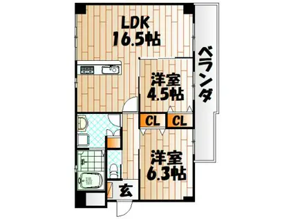 ルネス到津の森(2LDK/3階)の間取り写真