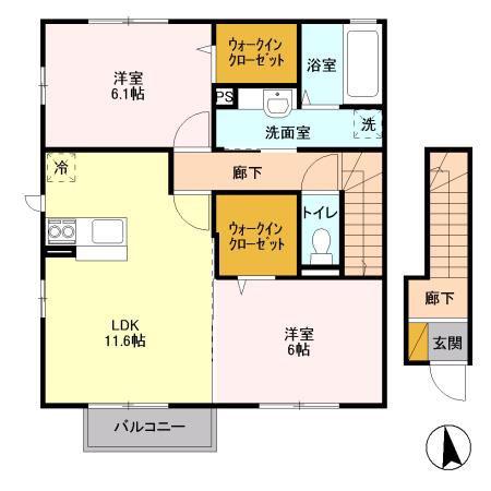 ヴィラージュ学園 B棟(2LDK/2階)の間取り写真