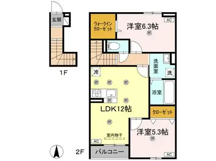 グランツ上福万 B棟(2LDK/2階)の間取り写真