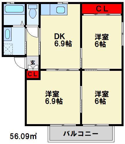 Eタウン本城 A棟(3DK/2階)の間取り写真