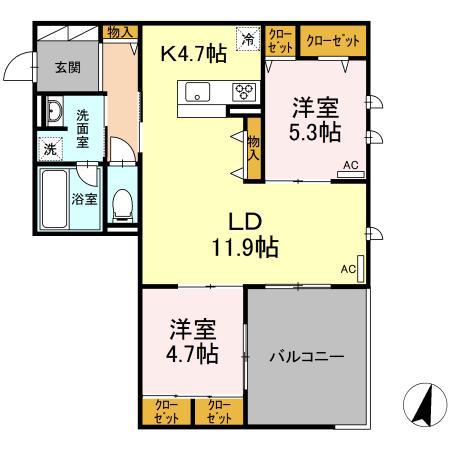 グレースコート大和(2LDK/2階)の間取り写真