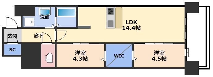 DRAW上本町(1SLDK/14階)の間取り写真