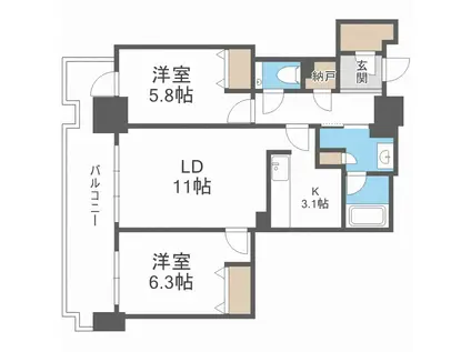 プレミストタワーズ札幌苗穂アクアゲート(2LDK/24階)の間取り写真