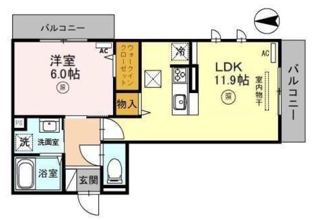 D-ROOM天神 B棟(1LDK/1階)の間取り写真