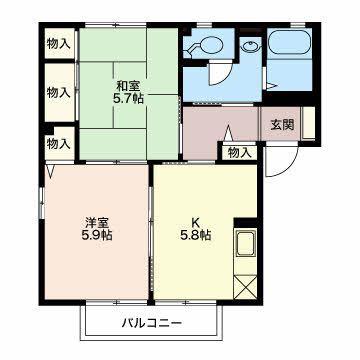 ルミエールひがの B棟(2K/1階)の間取り写真