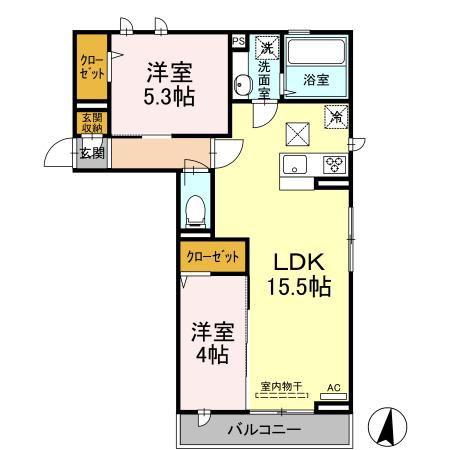 DーROOMさんよう B棟(2LDK/1階)の間取り写真