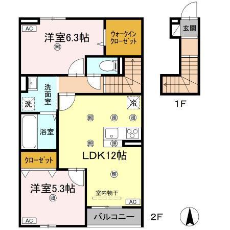 グランツ上福万 B棟(2LDK/2階)の間取り写真
