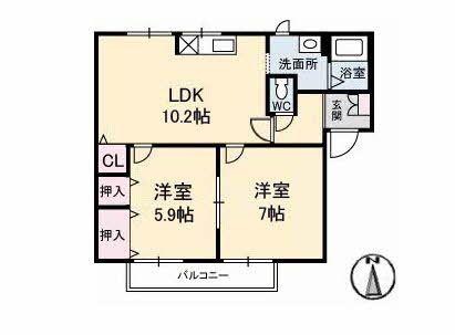 エスパディB棟(2LDK/2階)の間取り写真