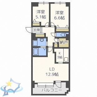 オリエンタルコート大友(2LDK/8階)の間取り写真