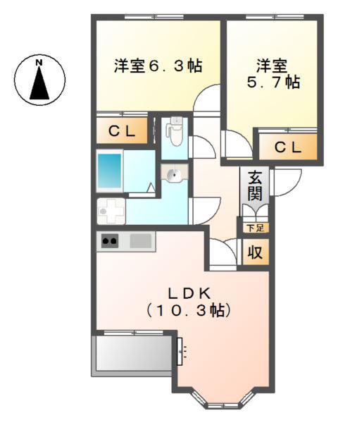 カーザ 浅野(2LDK/2階)の間取り写真