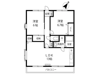 小田急線 読売ランド前駅 徒歩9分 2階建 築34年(2LDK/2階)の間取り写真