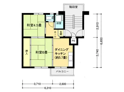 京急本線 浦賀駅 徒歩5分 5階建 築56年(2DK/5階)の間取り写真