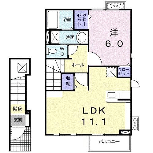 カーサ ソラーレB(1LDK/2階)の間取り写真