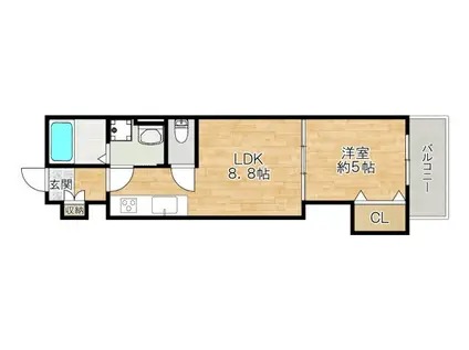 クリエオーレ長吉川辺(1LDK/1階)の間取り写真