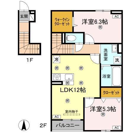 グランツ上福万 B棟(2LDK/2階)の間取り写真
