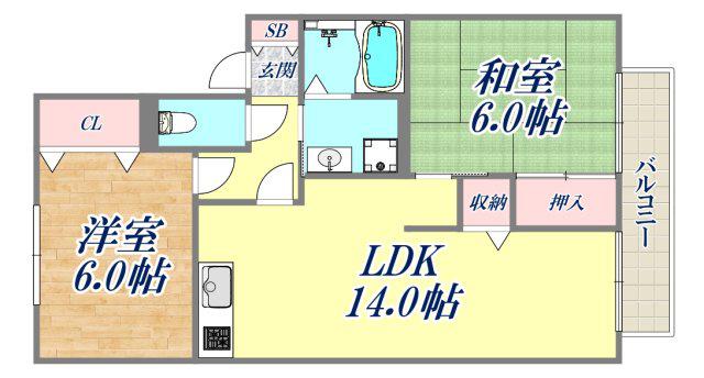 プレステージ芦屋F棟(2LDK/2階)の間取り写真
