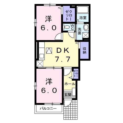 ミューB(2DK/1階)の間取り写真