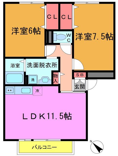 パークサイド西船A(2LDK/2階)の間取り写真