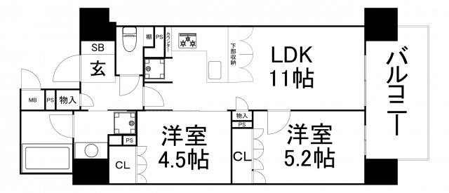 リーガル南久宝寺Ⅱ(2LDK/11階)の間取り写真