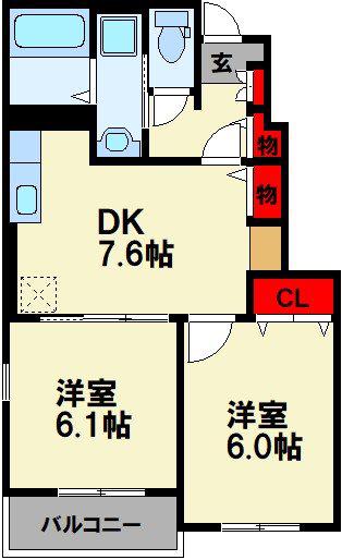 グランツ シュティル 飯塚(2DK/1階)の間取り写真