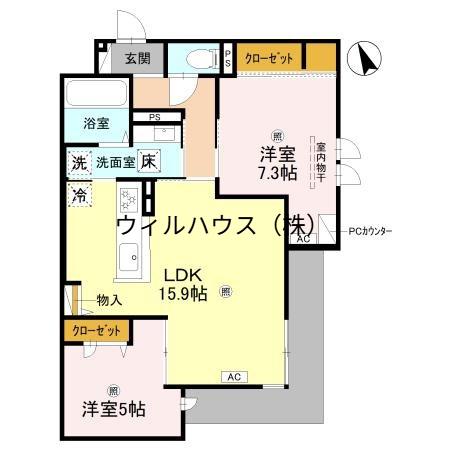 ザ・グレイスナカモズ(2LDK/1階)の間取り写真