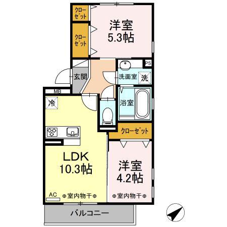 ＪＲ佐世保線 日宇駅 バス乗車時間：9分 最寄りバス停で下車 徒歩3分 3階建 築7年(2LDK/2階)の間取り写真