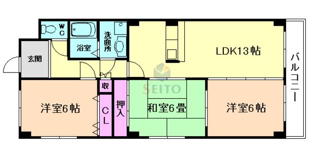 日恵ハイツE棟(3LDK/3階)の間取り写真