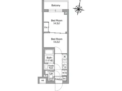コンフォリア・リヴ東中野(2K/1階)の間取り写真