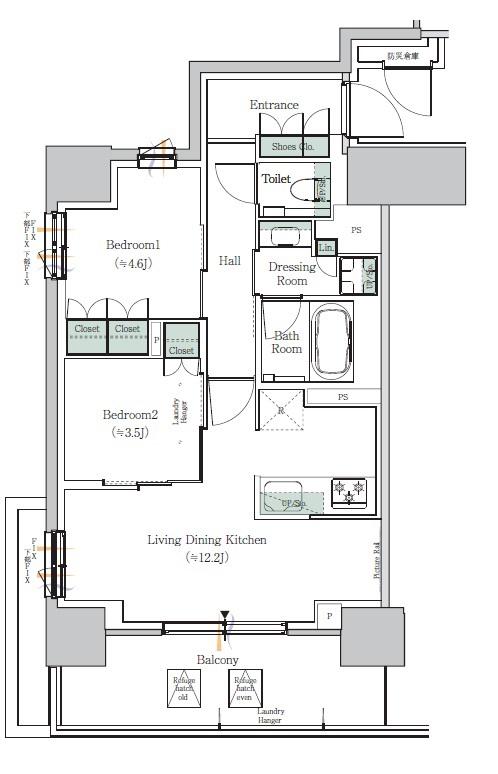 ONE ROOF RESIDENCE NISHI NIPPORI(2LDK/12階)の間取り写真