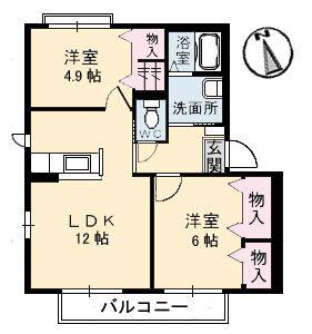 フローラルコートD棟(2LDK/2階)の間取り写真