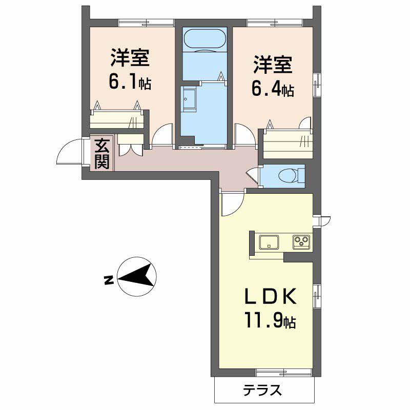 グランベレオ三吉 A棟(2LDK/1階)の間取り写真