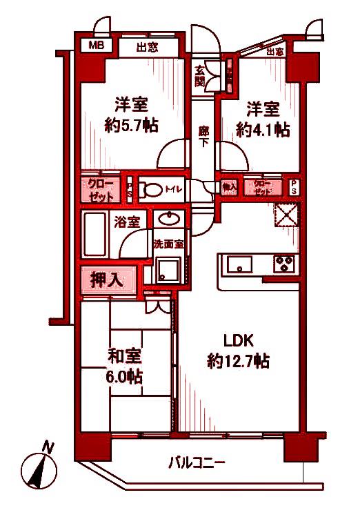 日神パレステージ鴨居(3LDK/3階)の間取り写真