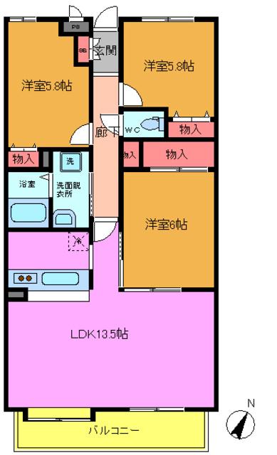 エムズ・アークC棟(3LDK/1階)の間取り写真