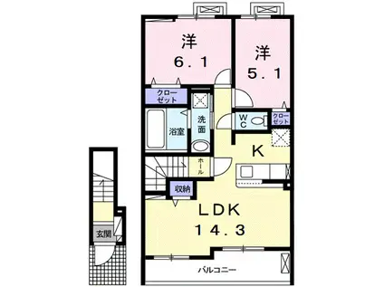 プラシードⅡ B棟(2LDK/2階)の間取り写真