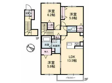 SERENA GARDEN A棟(3LDK/2階)の間取り写真