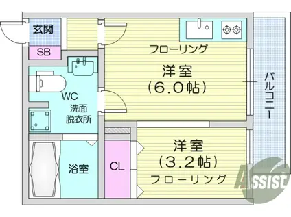 メリディアン国見弐番館(ワンルーム/2階)の間取り写真