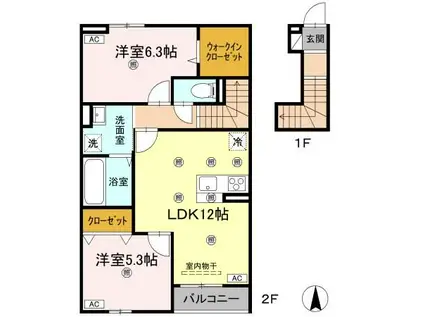 グランツ上福万 B棟(2LDK/2階)の間取り写真