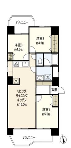 ライオンズマンション荒町(3LDK/3階)の間取り写真