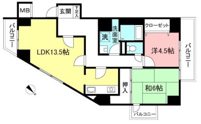 ツェルコバ狛江(2LDK/6階)の間取り写真