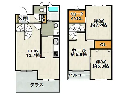 シャーメゾン中山寺B棟(2LDK/1階)の間取り写真