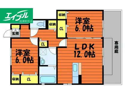 アドラブールC棟(2LDK/1階)の間取り写真