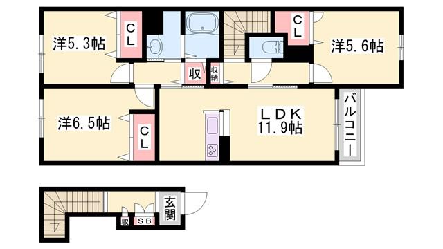 シャンティ夢前A(3LDK/2階)の間取り写真